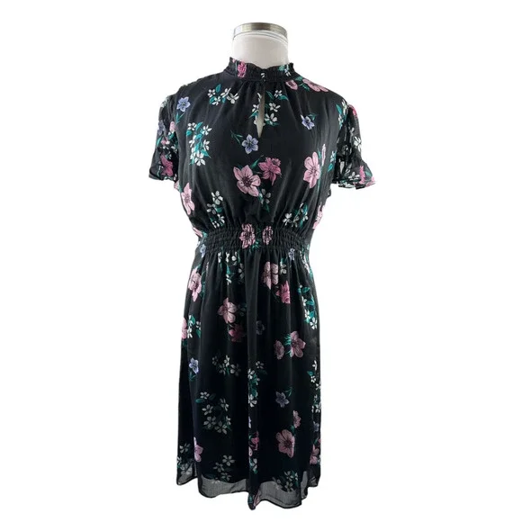 NWT Lane Bryant Floral Dress Black Smocked Keyhole Chiffon Plus Size 24 P - Picture 2 of 13